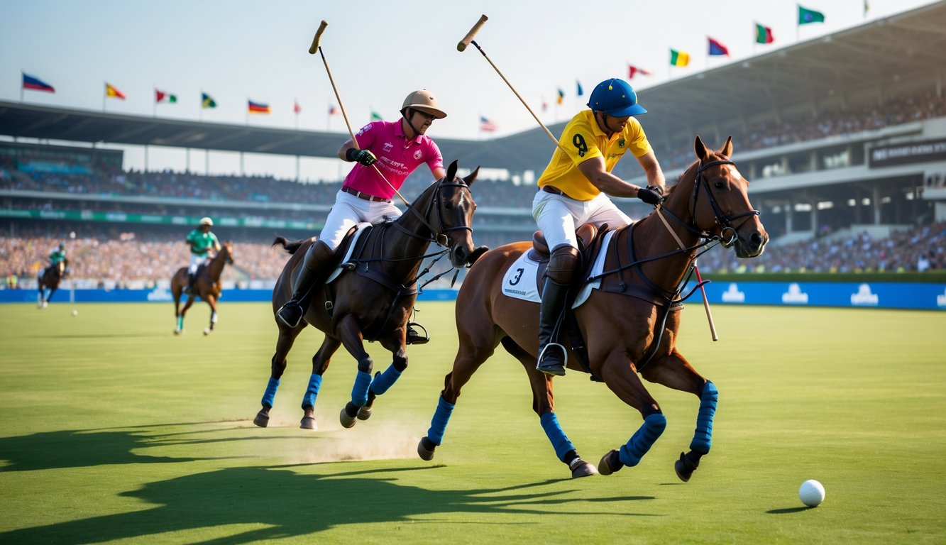 Dua pemain polo sedang bertanding di lapangan hijau dengan kuda berlari dan penonton di stadion belakang.