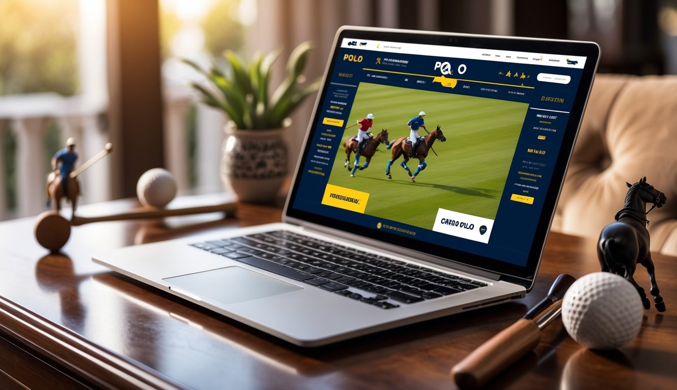 Seorang laptop di atas meja kayu dengan layar menampilkan tema taruhan polo online, dikelilingi alat-alat polo seperti mallet dan bola, dengan pencahayaan hangat.