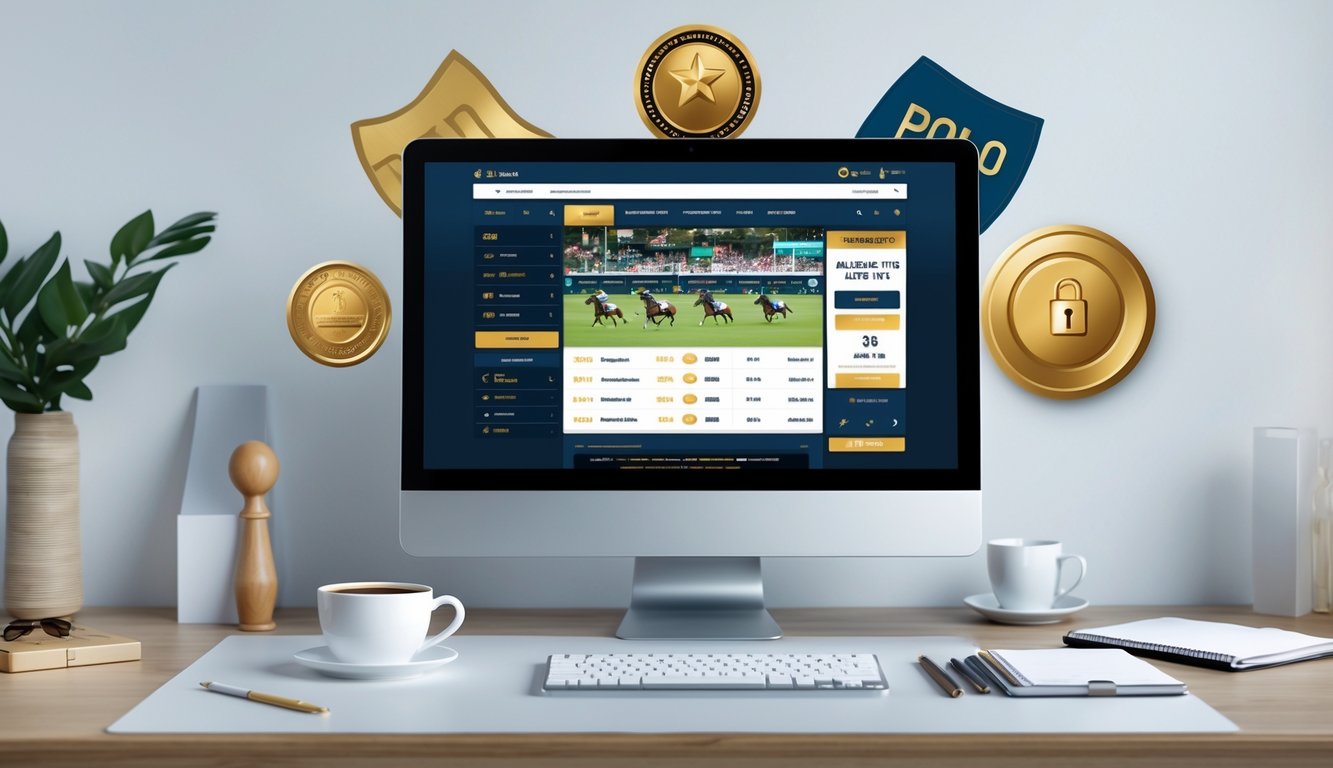 Seorang pengguna sedang melihat situs taruhan polo online terpercaya di laptop dengan suasana kerja yang rapi dan elemen yang melambangkan keamanan dan bonus menarik.
