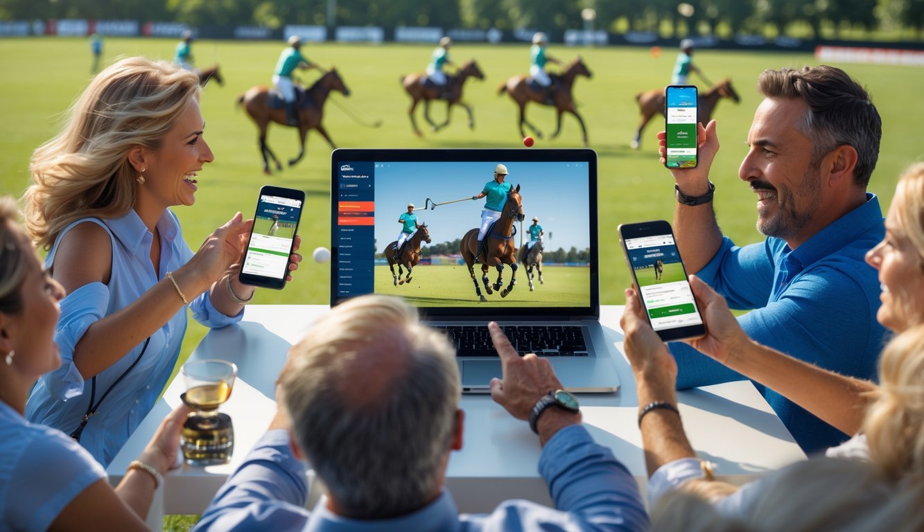 Orang-orang menonton pertandingan polo berkuda secara online dengan perangkat digital sambil menyaksikan pemain polo di lapangan hijau.