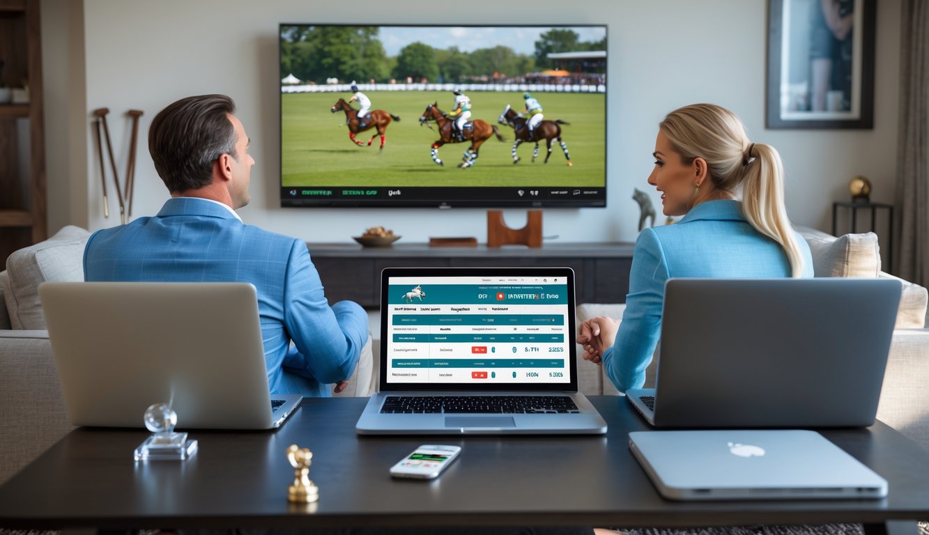 Dua orang menonton pertandingan polo di televisi dengan laptop dan ponsel di meja, menunjukkan suasana taruhan polo online.