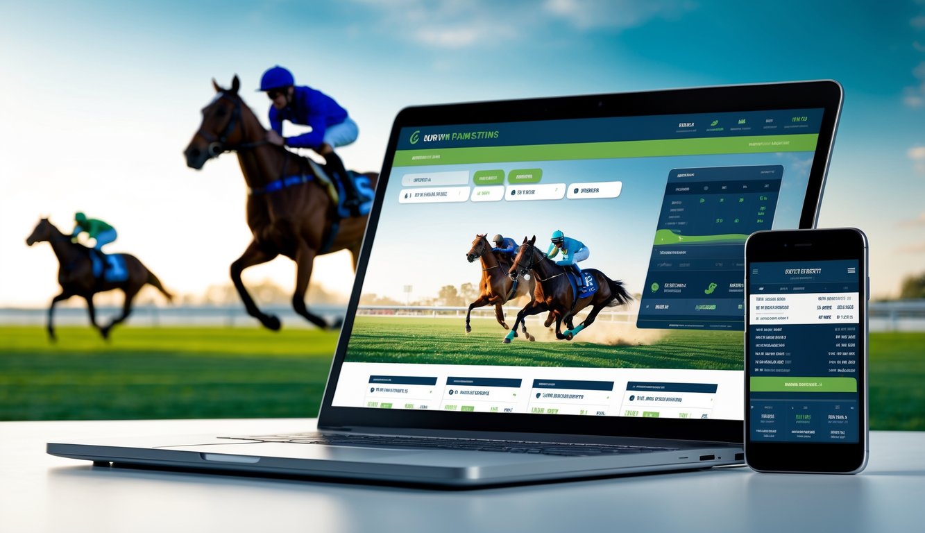 Layar laptop dan ponsel menampilkan platform taruhan pacuan kuda online dengan latar belakang pacuan kuda yang sedang berlangsung.