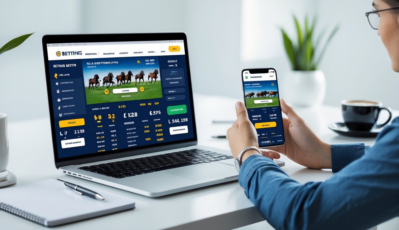 Seorang pengguna sedang menggunakan laptop dan ponsel untuk mengakses situs taruhan pacuan kuda online resmi dengan tampilan antarmuka yang jelas dan modern.