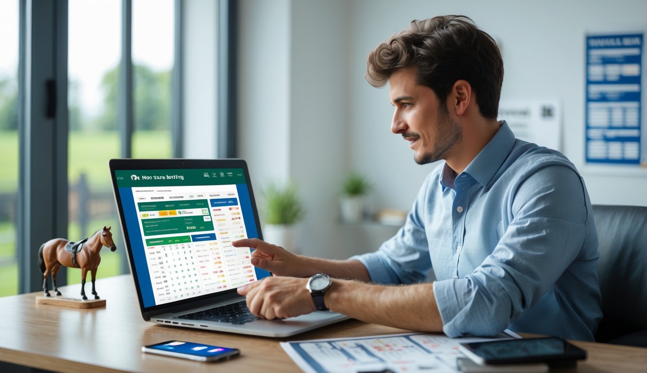 Seorang pemula sedang duduk di meja menggunakan laptop untuk memasang taruhan pacuan kuda secara online.