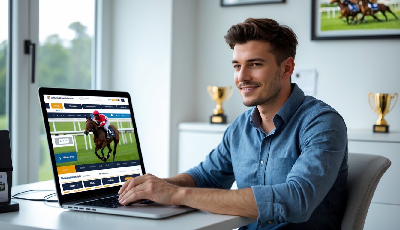 Seorang pria muda duduk di meja dengan laptop, sedang belajar cara bertaruh pacuan kuda secara online di ruangan yang terang dan rapi.