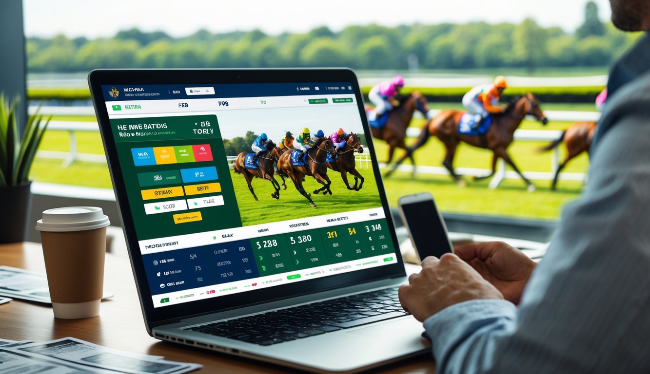 Seseorang menggunakan laptop untuk memasang taruhan pacuan kuda online dengan latar belakang pacuan kuda yang sedang berlangsung di lintasan hijau.