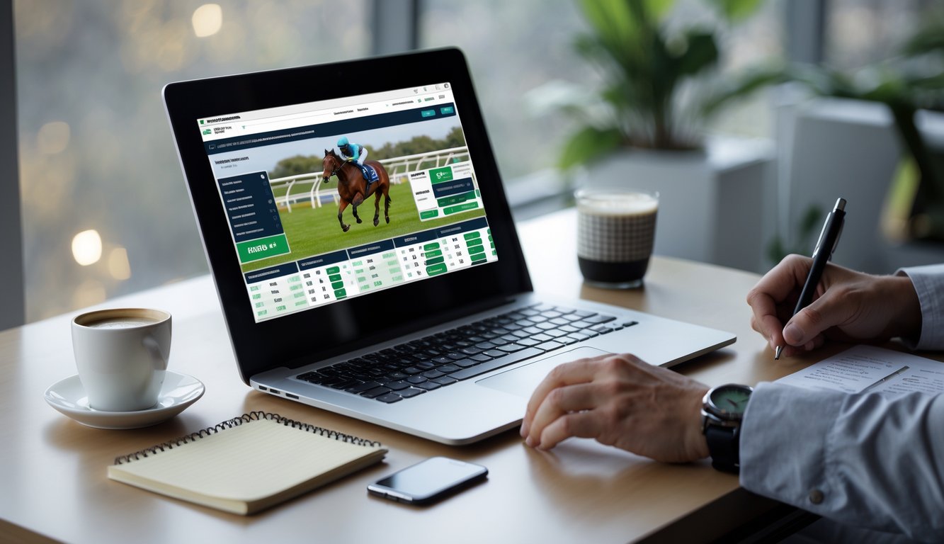 Seseorang menggunakan laptop dengan tampilan situs taruhan pacuan kuda online, di meja terdapat kopi, ponsel, dan catatan.