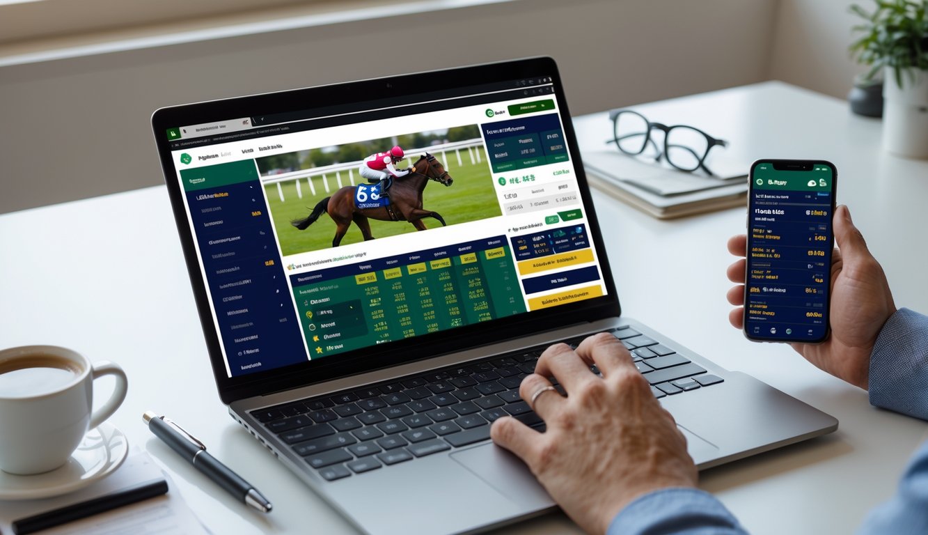 Orang menggunakan laptop dan ponsel untuk memasang taruhan pacuan kuda online di meja kerja yang rapi.