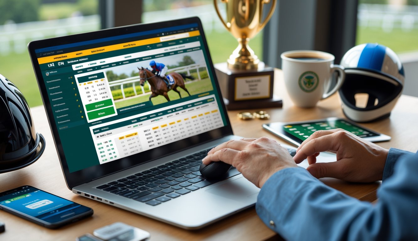 Seseorang menggunakan laptop di meja kerja dengan layar menampilkan situs taruhan pacuan kuda, dikelilingi perlengkapan terkait pacuan kuda dan perangkat elektronik.