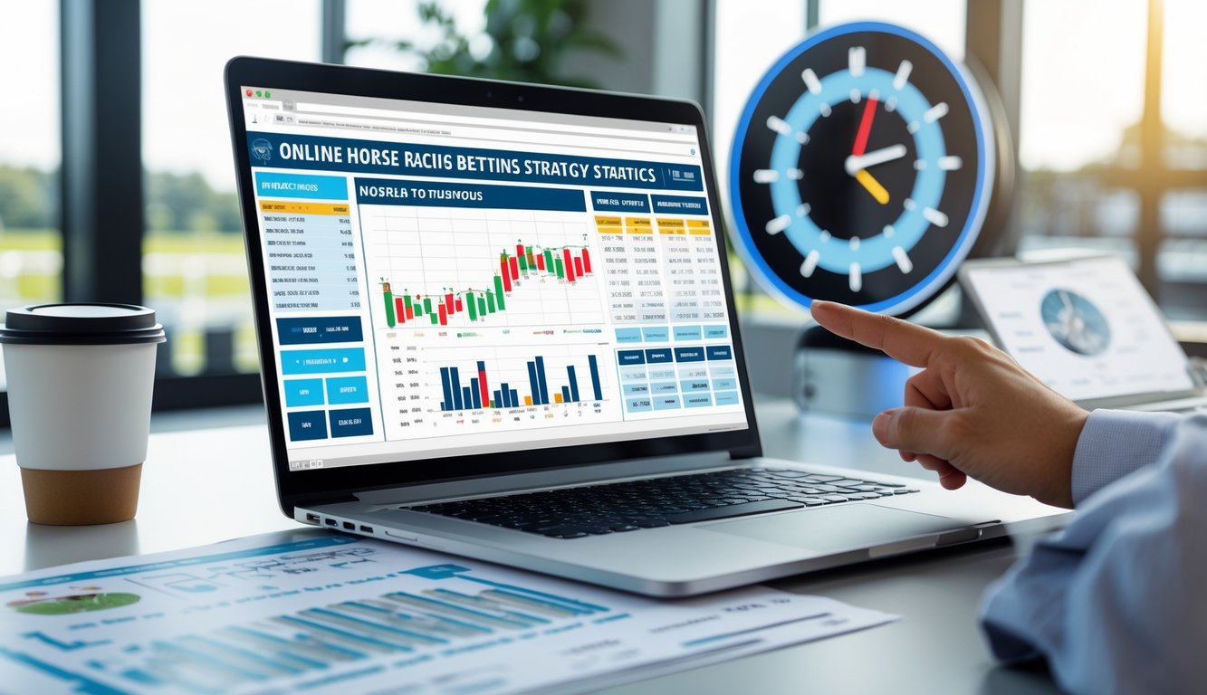 Seseorang menganalisis statistik pacuan kuda online di depan laptop dengan grafik dan data di meja kerja.