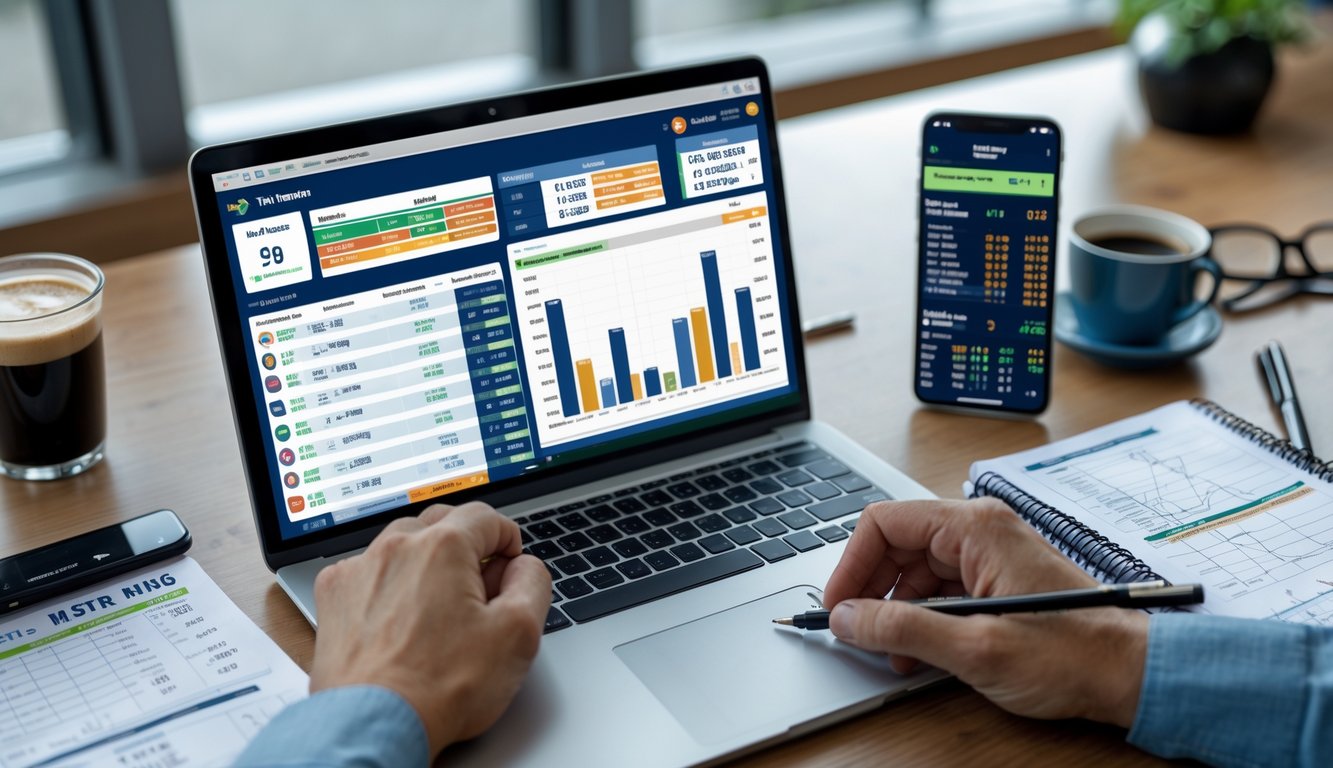 Orang sedang menganalisis statistik pacuan kuda online di depan laptop dengan grafik dan catatan di meja kerja.