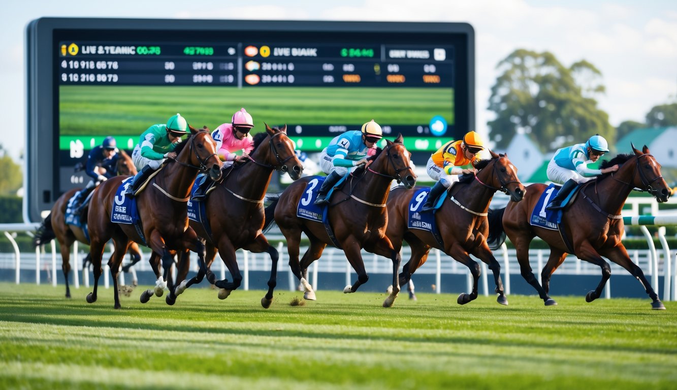 Beberapa joki menunggangi kuda pacuan di lintasan dengan layar besar di latar belakang yang menampilkan data taruhan secara langsung.