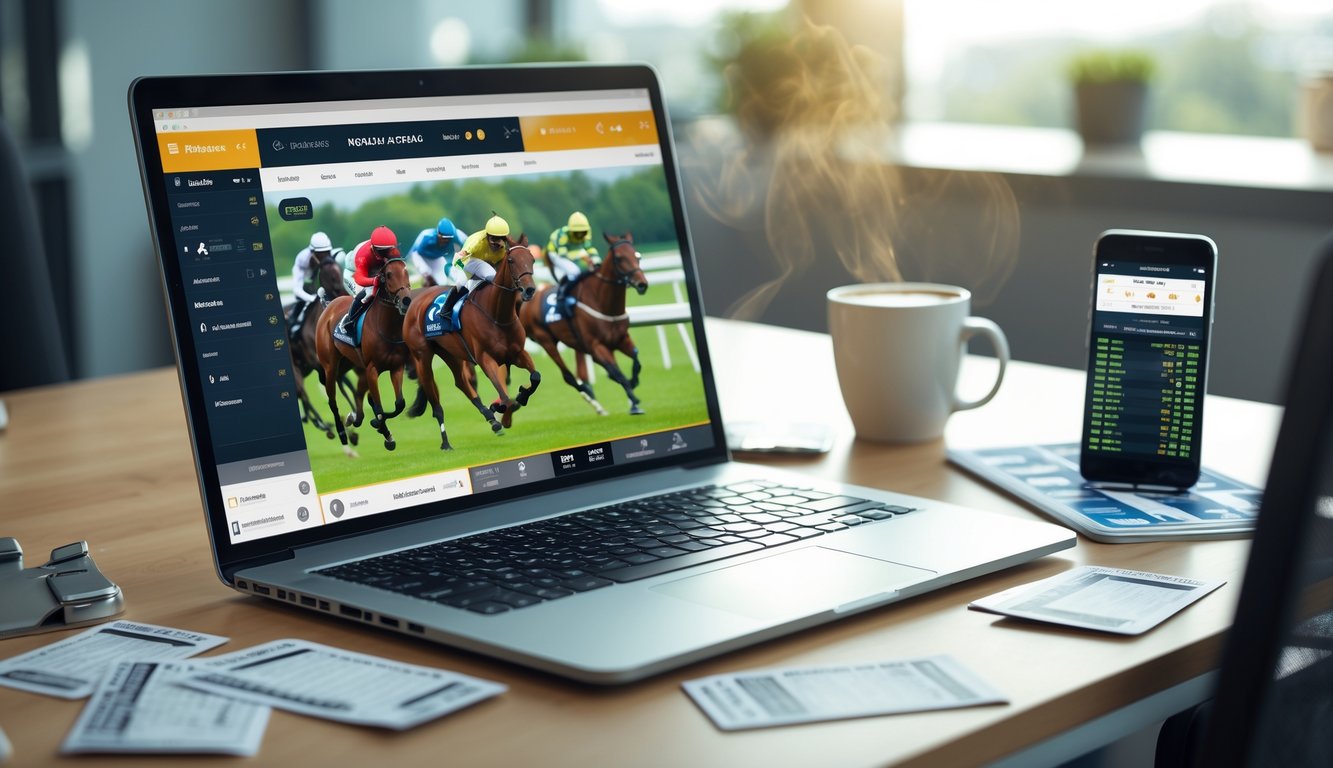 Seseorang sedang melihat balapan kuda secara langsung di laptop dengan beberapa alat taruhan di meja.