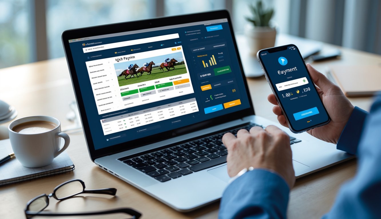 Seorang profesional menggunakan laptop dan ponsel untuk memasang taruhan pacuan kuda online dengan konfirmasi pembayaran cepat di meja kerja yang rapi.