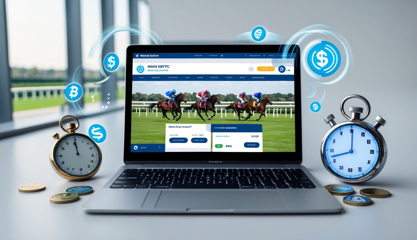 Seseorang menggunakan laptop dengan tampilan situs taruhan pacuan kuda online dan simbol pembayaran cepat di layar.