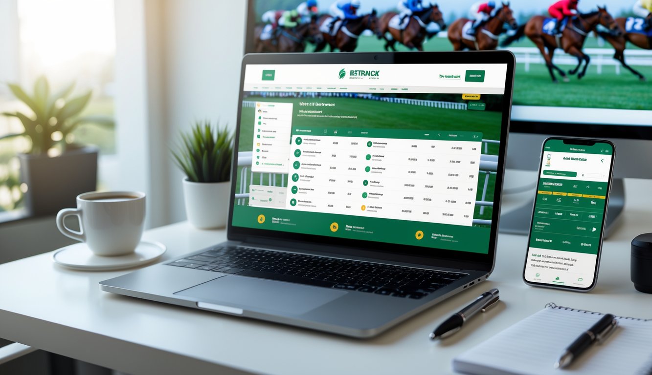 Seseorang sedang menggunakan laptop dan ponsel untuk memasang taruhan pacuan kuda online di meja kerja yang rapi dengan latar belakang layar menampilkan pacuan kuda.