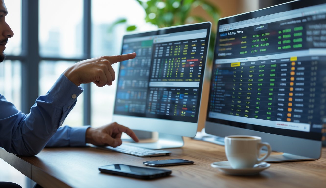 Seseorang sedang menganalisis data pacuan kuda pada beberapa layar digital di sebuah kantor modern.