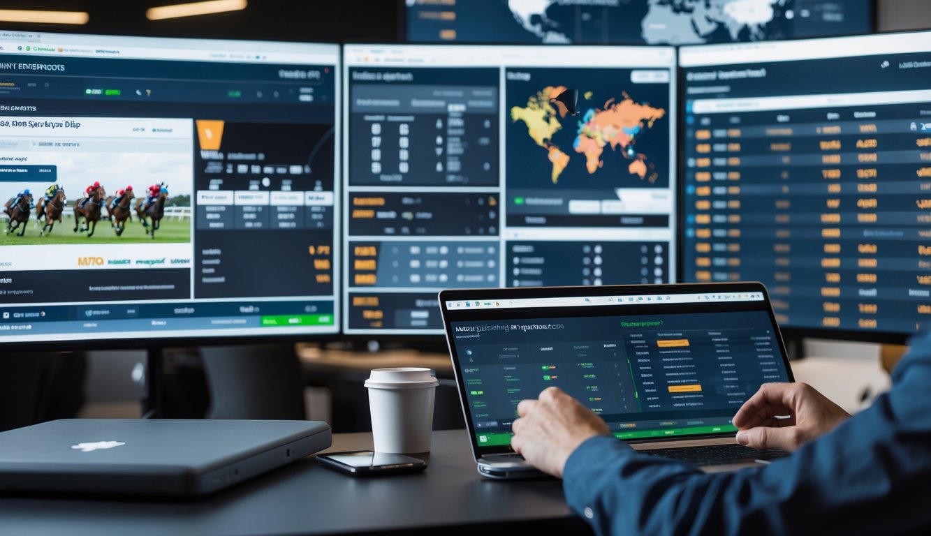 Seseorang sedang menganalisis data pacuan kuda secara online dengan layar komputer menampilkan informasi balapan dan taruhan.