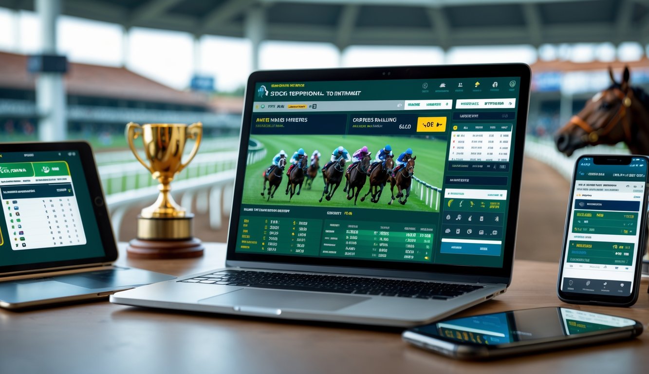 Seorang pria duduk di depan laptop dengan layar yang menampilkan statistik dan peluang taruhan pacuan kuda, dikelilingi perangkat digital lain dan latar belakang pacuan kuda internasional.