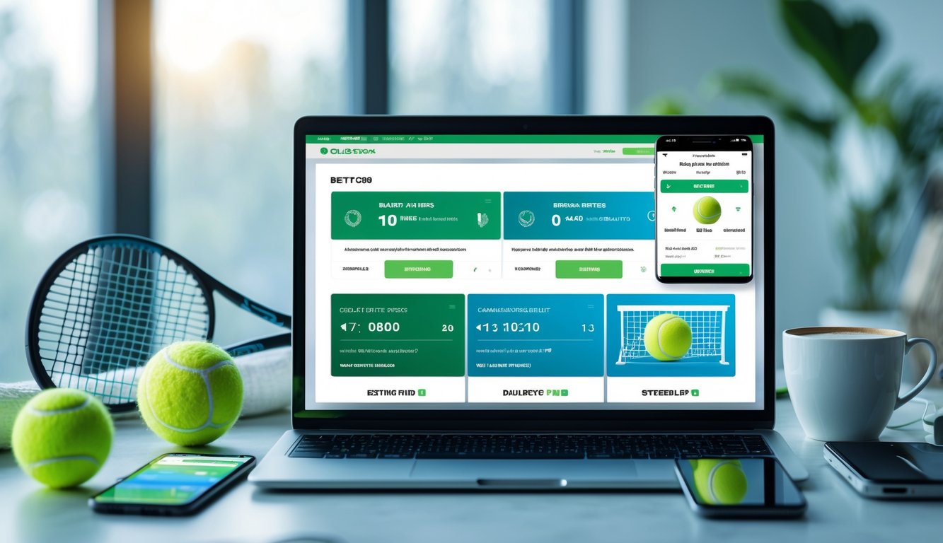 Seorang pria duduk di depan laptop dengan layar menampilkan situs taruhan tenis online, di meja terdapat bola tenis, raket, dan piala kecil.