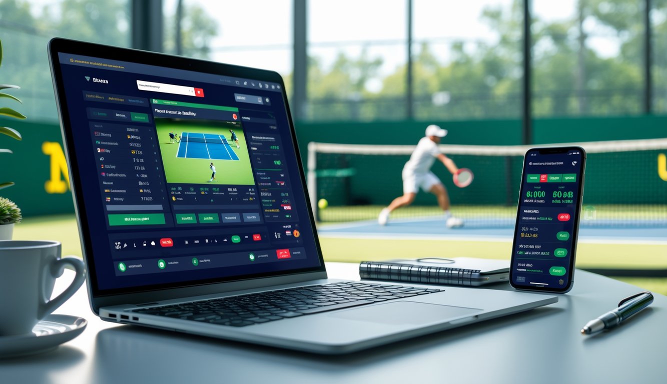 Sebuah meja kerja modern dengan laptop yang menampilkan pertandingan tenis dan peluang taruhan, ponsel dengan indikator peluang, dan lapangan tenis dengan pemain yang sedang melakukan servis terlihat di latar belakang.