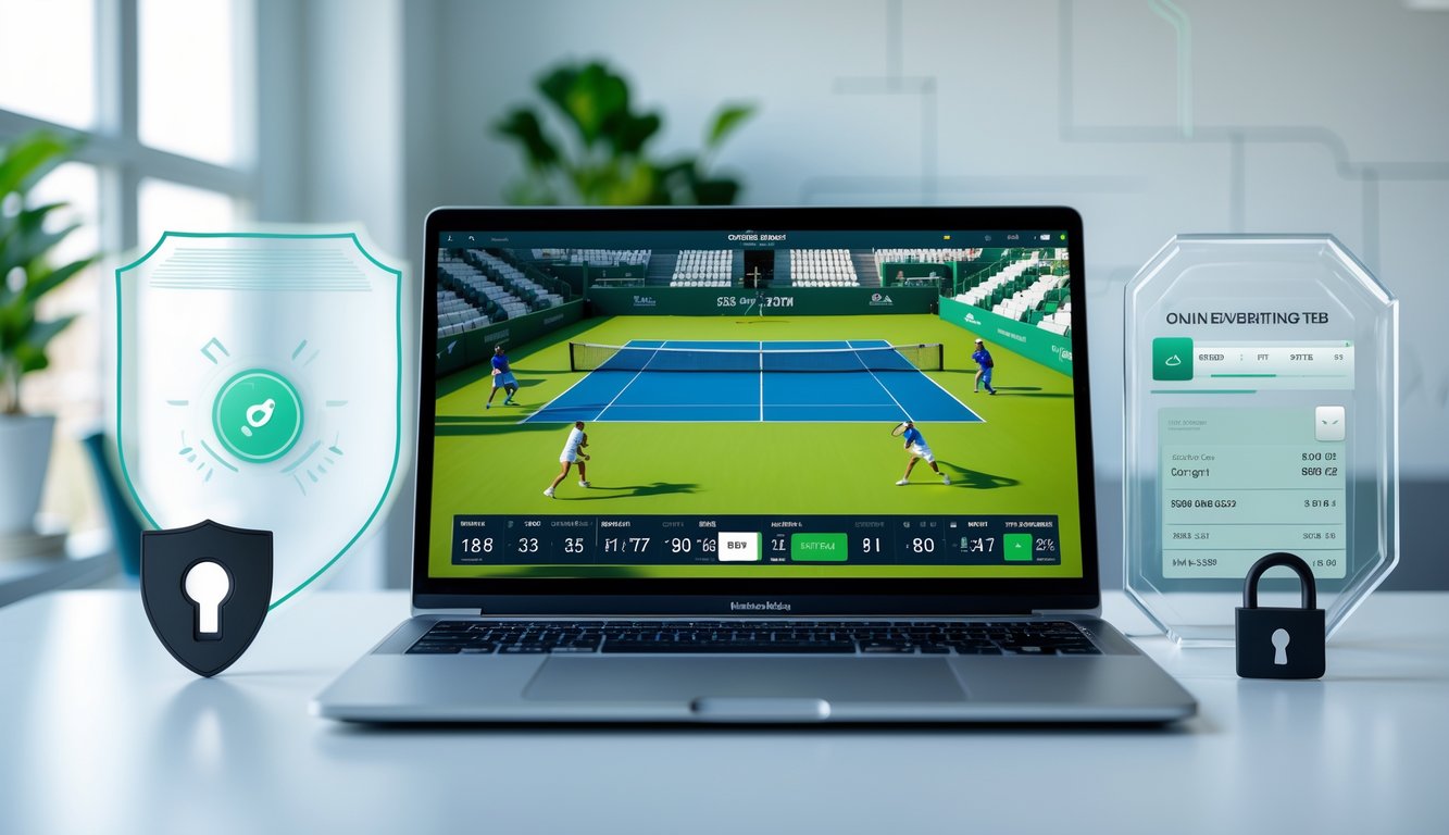 Sebuah laptop menampilkan pertandingan tenis secara langsung dengan latar belakang ruangan terang dan elemen simbol keamanan di sekitar.