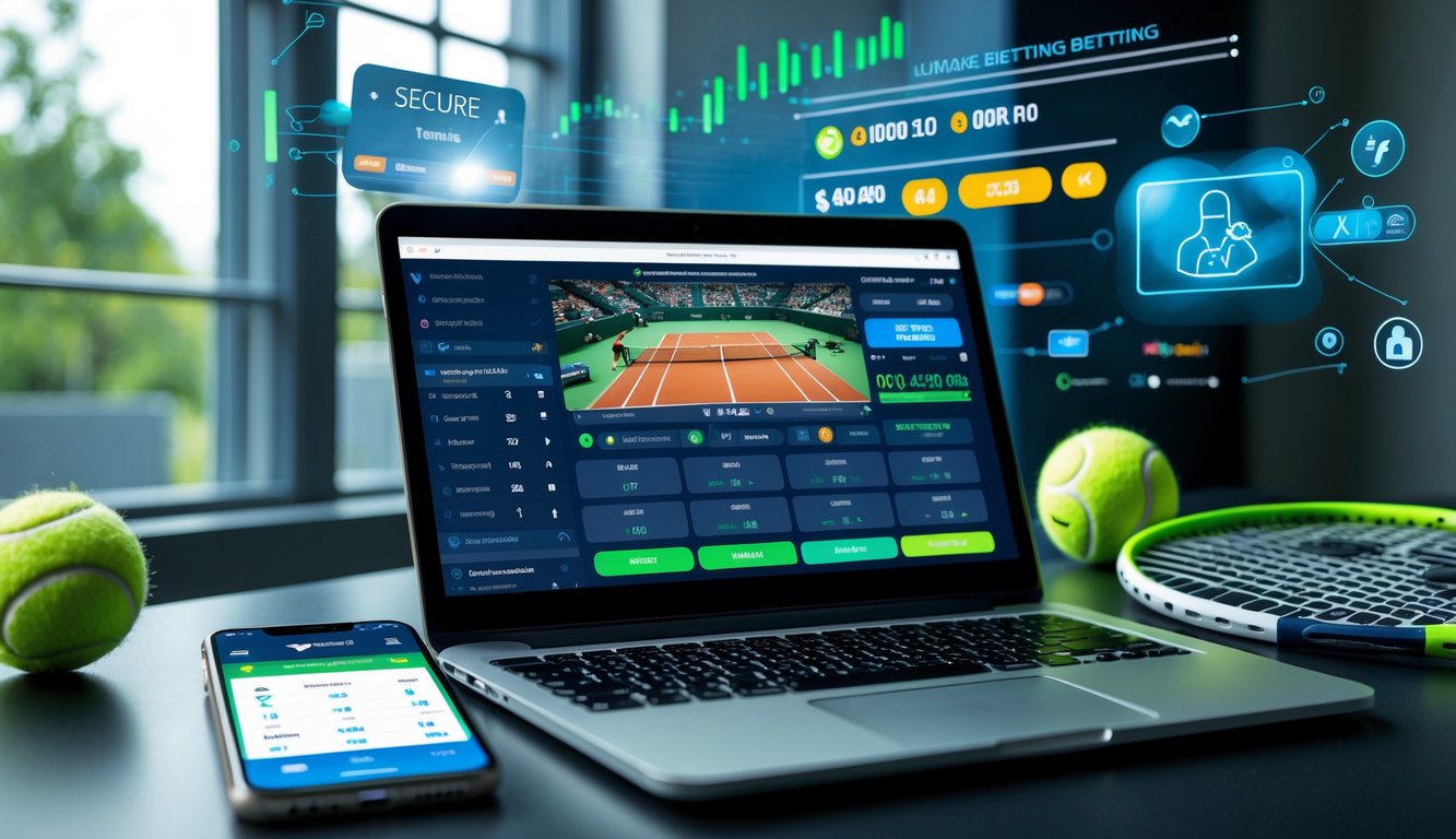 Seorang pria sedang menggunakan laptop di meja kerja dengan layar menampilkan pertandingan tenis dan aplikasi taruhan online, dikelilingi bola tenis dan raket.
