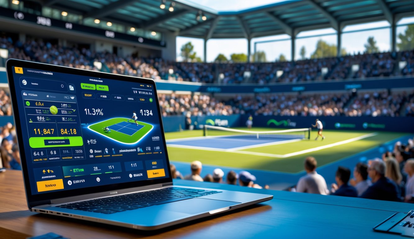 Suasana turnamen tenis internasional dengan penonton dan pemain yang sedang bertanding, serta perangkat digital yang menampilkan taruhan tenis secara online.