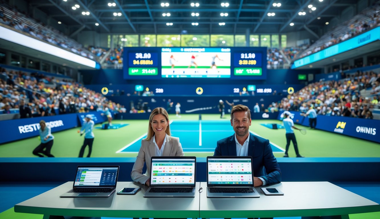 Seorang pria dan wanita duduk di depan perangkat digital dengan latar belakang lapangan tenis dan penonton di stadion besar.