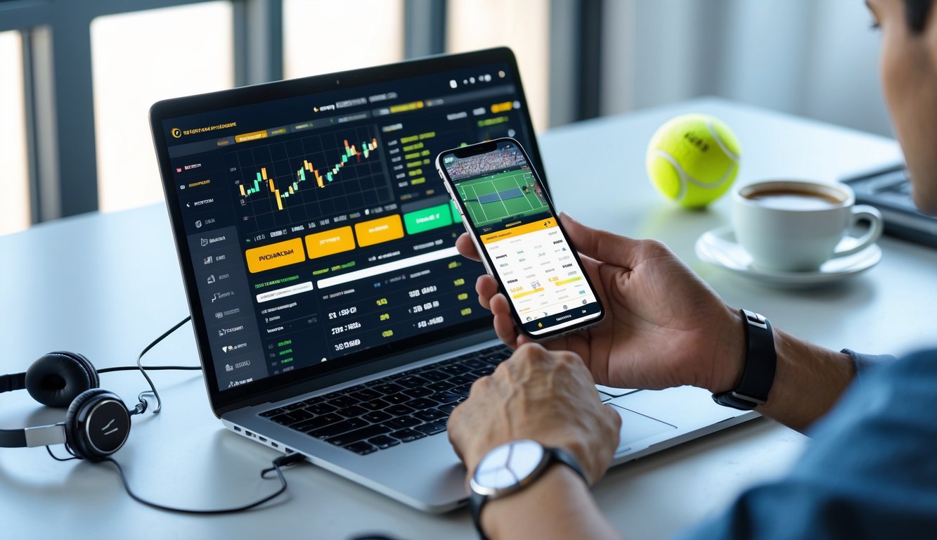 Seseorang menggunakan laptop dan ponsel untuk melihat situs taruhan tenis online di sebuah meja kerja dengan bola tenis dan kopi.