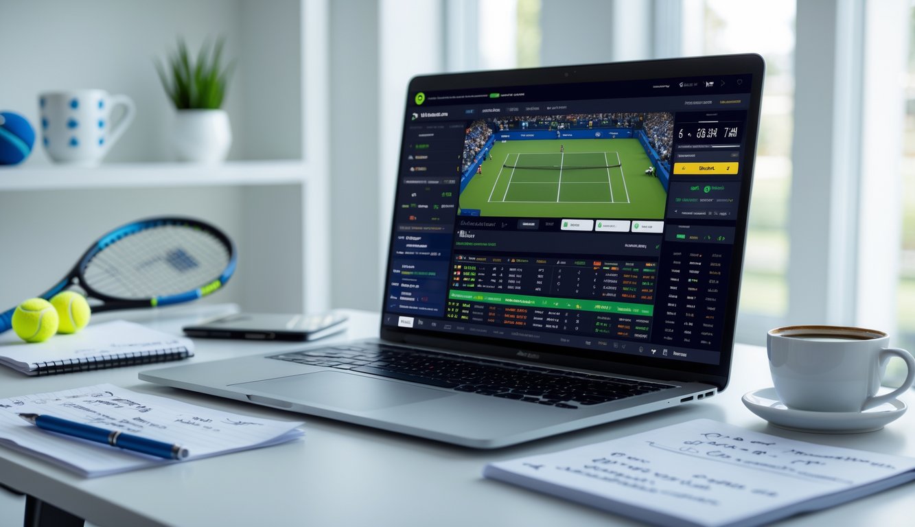 Seorang profesional bekerja di meja dengan laptop yang menampilkan pertandingan tenis dan aplikasi taruhan, dikelilingi catatan dan kopi di ruang kantor yang terang.