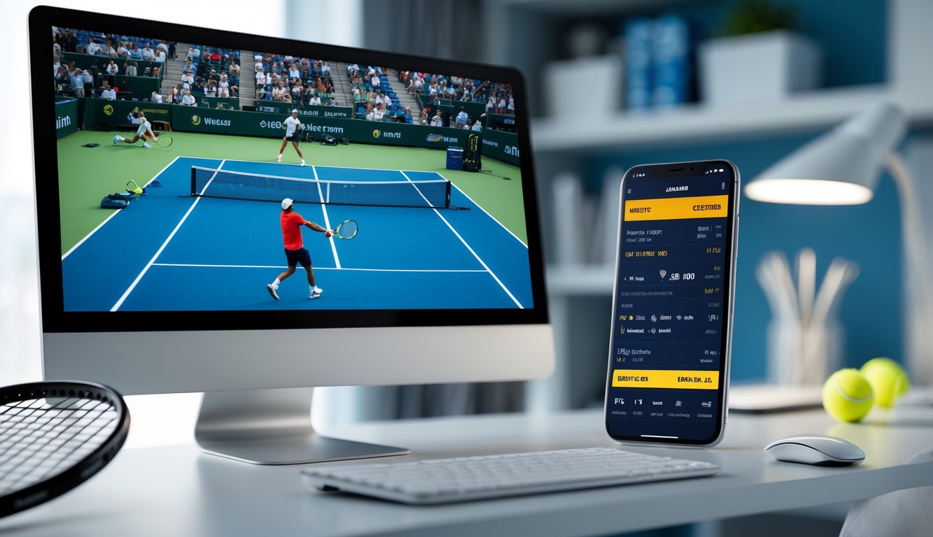 Seseorang menggunakan komputer dan ponsel untuk memasang taruhan langsung pada pertandingan tenis yang sedang berlangsung.