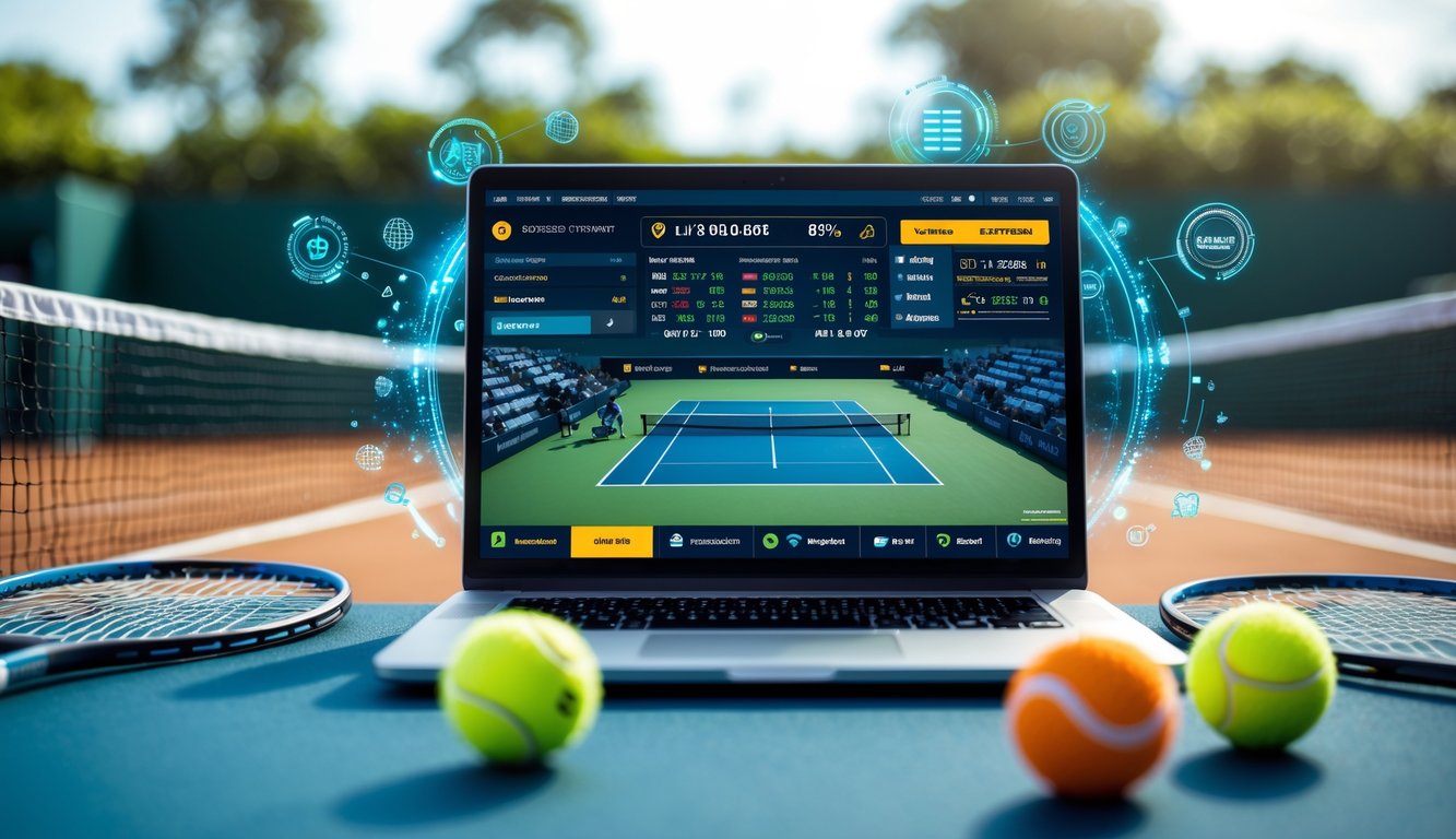 Seorang pria menggunakan laptop dengan tampilan pertandingan tenis dan skor taruhan online di layar.