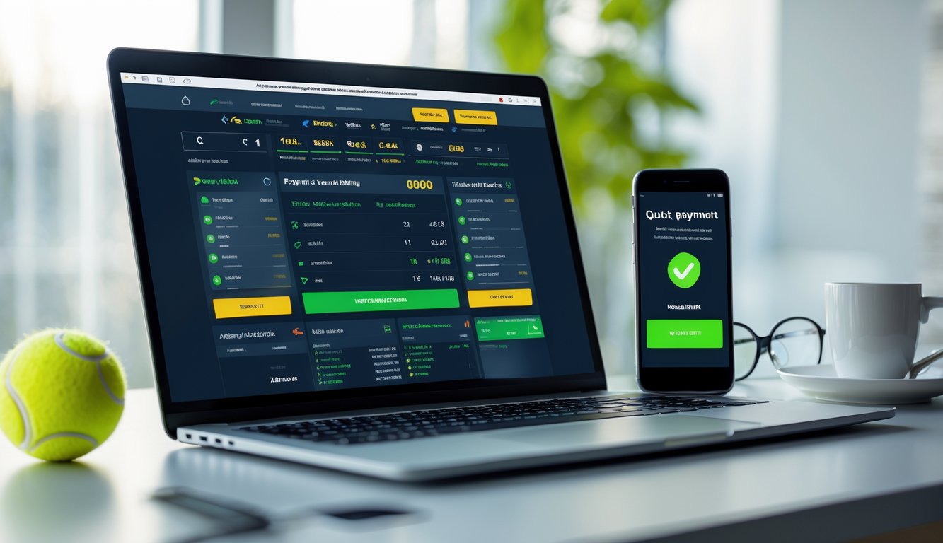 Meja kerja modern dengan laptop dan ponsel menampilkan aktivitas taruhan tenis online dan pembayaran cepat.