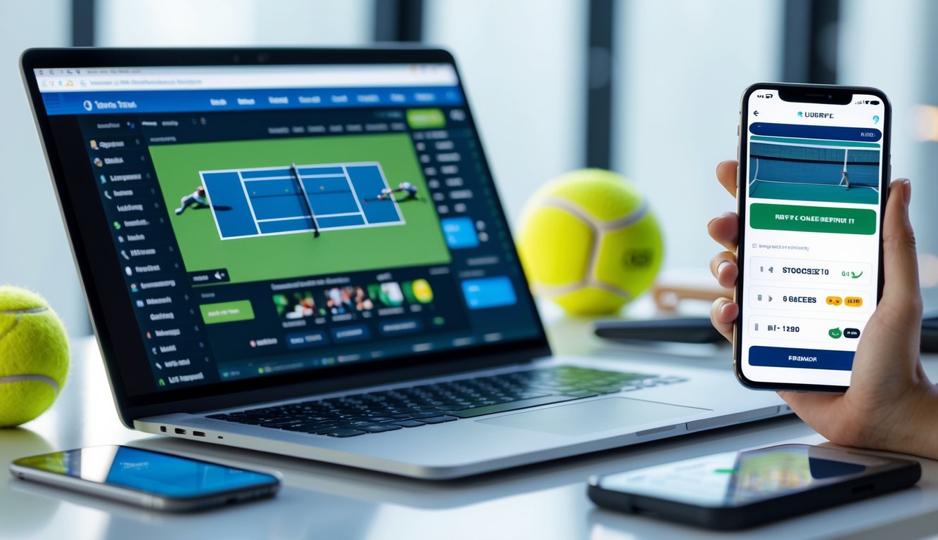 Sebuah meja kerja modern dengan laptop yang menampilkan pertandingan tenis dan ponsel yang menunjukkan pembayaran digital berhasil, di samping bola tenis dan raket.