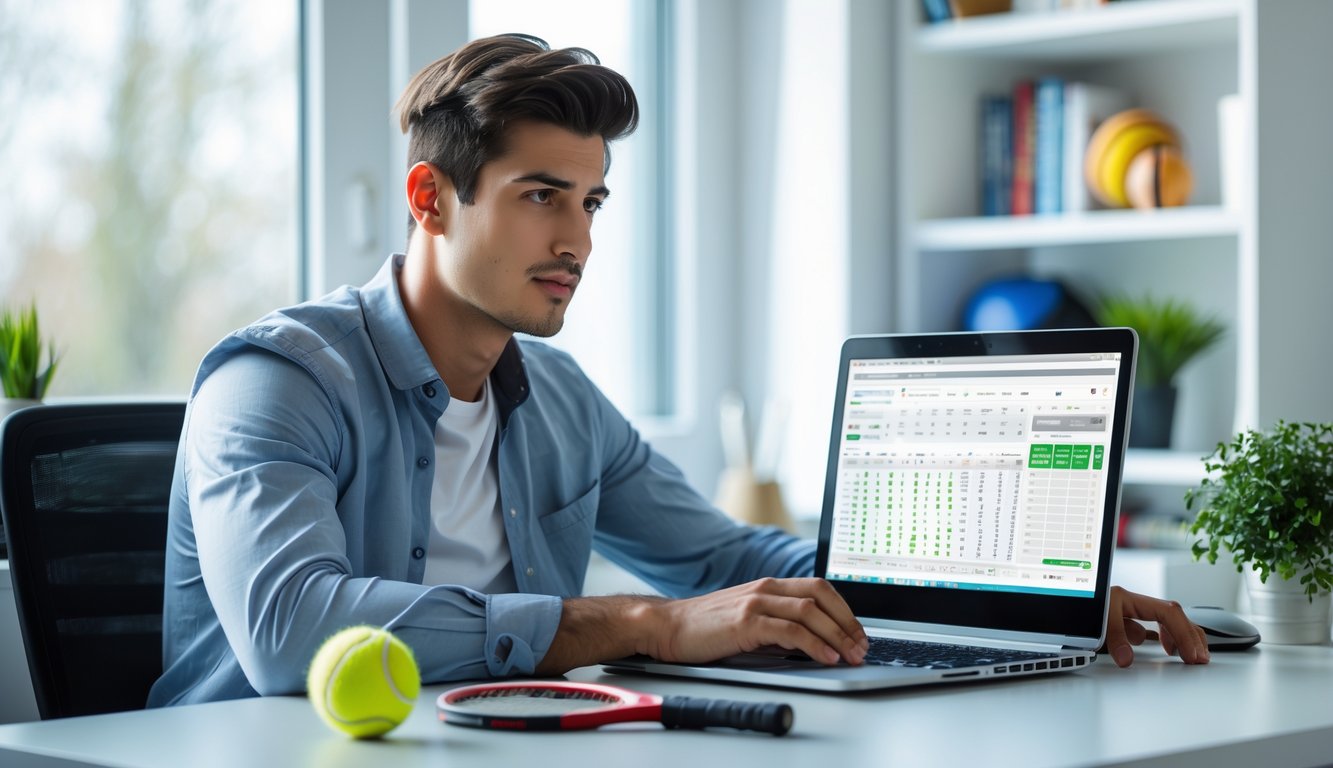 Seorang pria muda duduk di meja dengan laptop, fokus melihat data taruhan tenis online di ruangan berlampu alami.