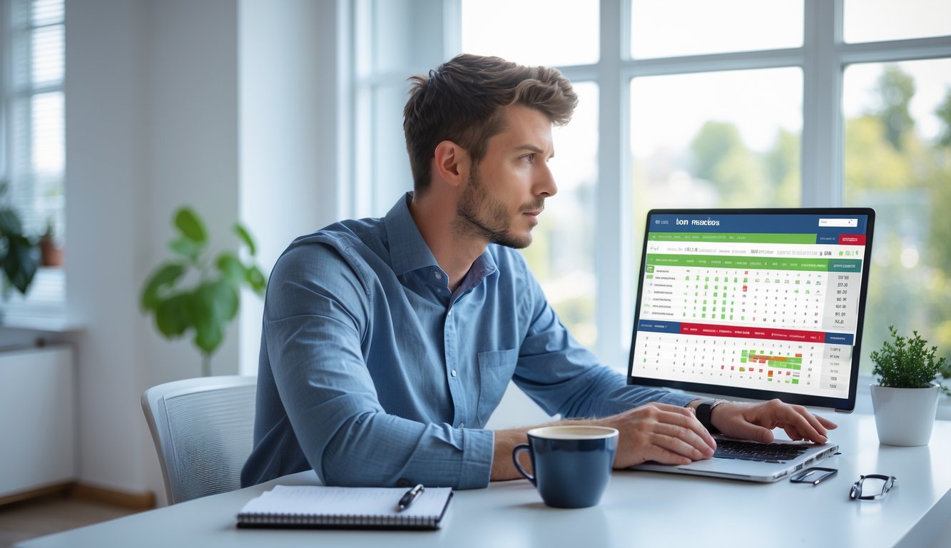 Seorang pria muda serius duduk di meja dengan laptop yang menampilkan statistik dan peluang taruhan tenis online.