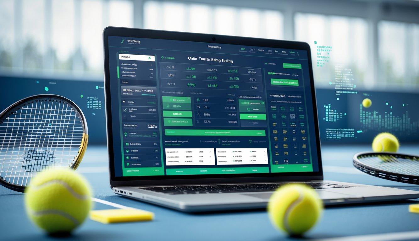 Seorang pengguna duduk di depan komputer dengan layar yang menampilkan situs taruhan tenis online, dikelilingi bola tenis dan raket di meja kerja yang rapi.