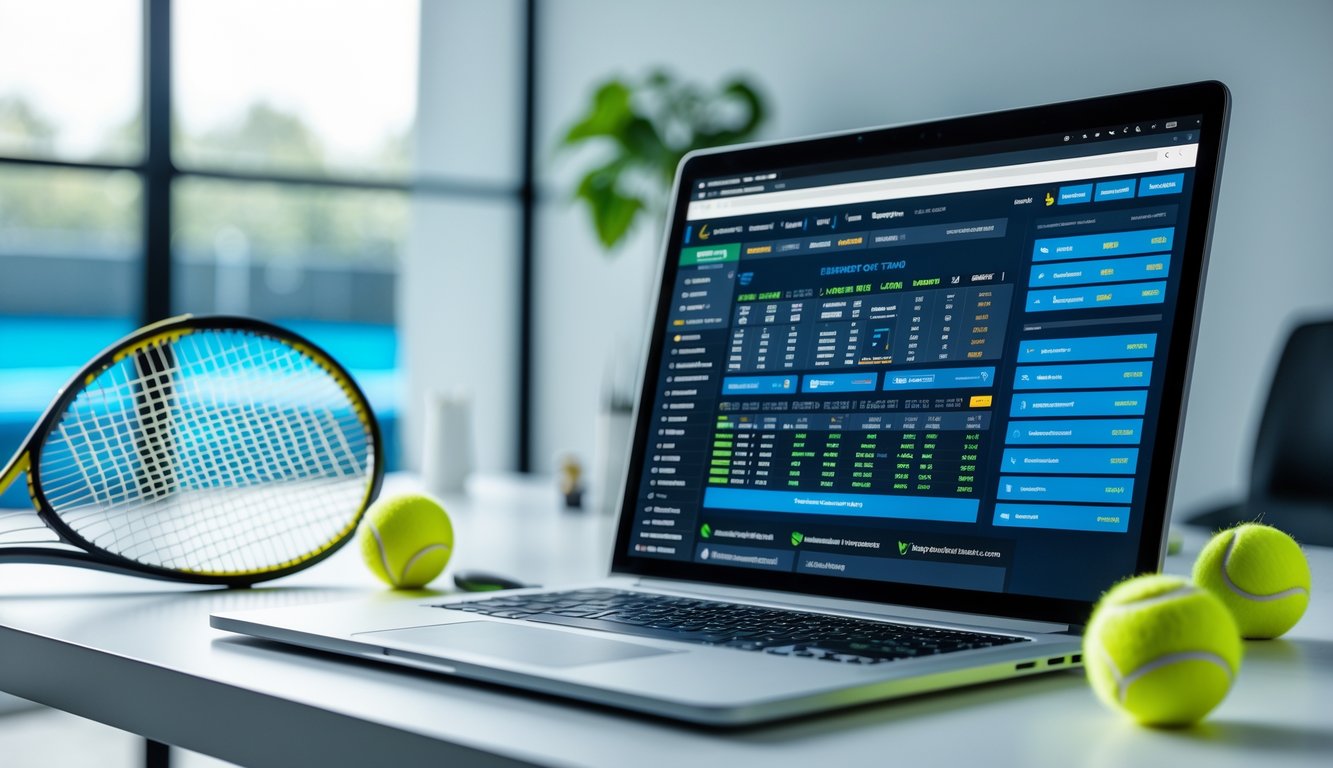 Seorang pengguna sedang melihat layar komputer dengan tampilan taruhan tenis online, di meja terdapat raket dan bola tenis.