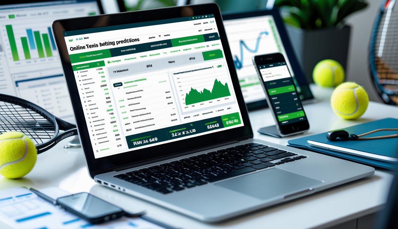 Meja kerja modern dengan laptop menampilkan statistik pertandingan tenis dan aplikasi taruhan online, dilengkapi dengan raket tenis dan bola tenis di atas meja.
