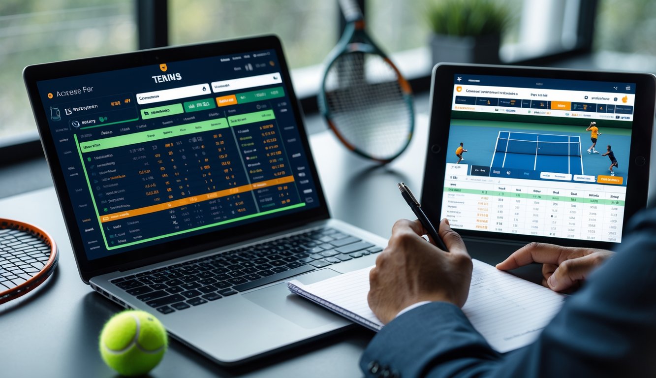 Seseorang sedang menganalisis data taruhan tenis online dengan laptop dan tablet di meja kerja yang dilengkapi raket dan bola tenis.