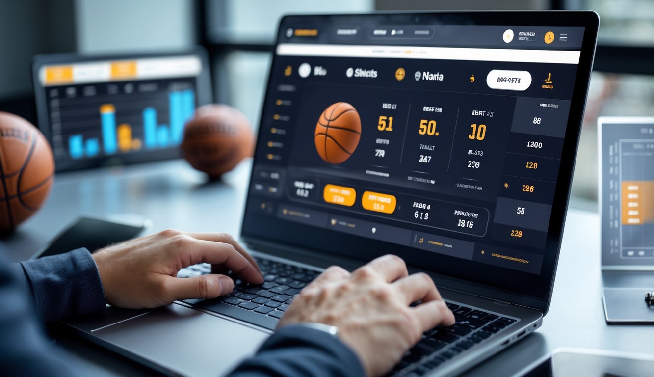 Seseorang menggunakan komputer dengan layar menampilkan platform taruhan NBA online, di meja terdapat bola basket dan grafik taruhan.
