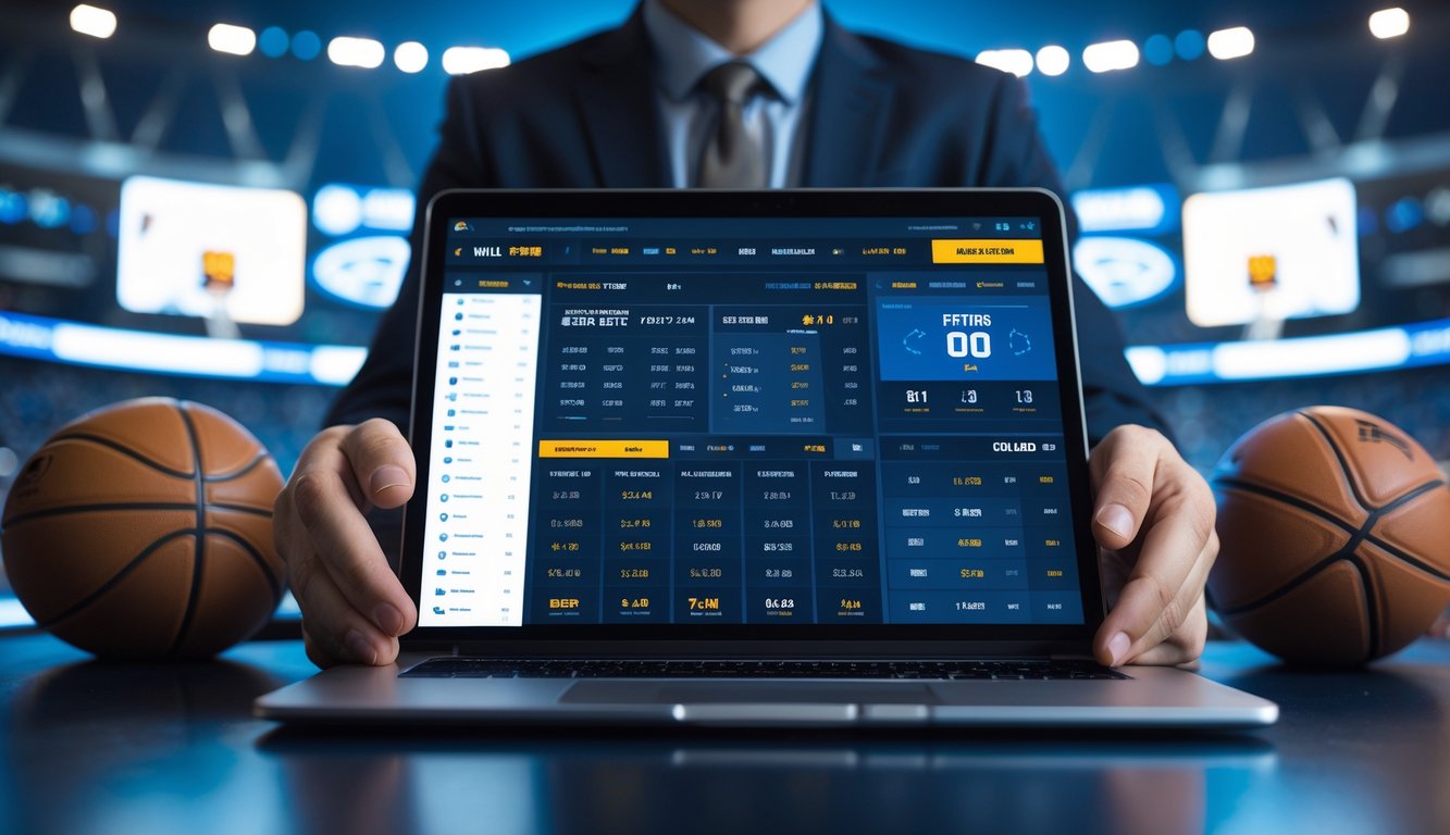 Seseorang menggunakan laptop dengan tampilan taruhan bola basket NBA di layar dalam suasana modern dan profesional.