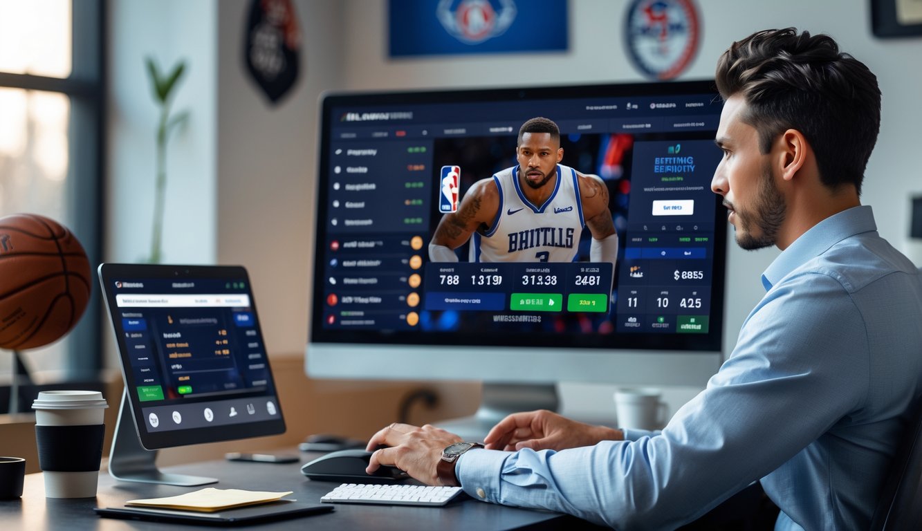 Seorang pria muda menggunakan komputer dengan tampilan permainan NBA dan aplikasi taruhan di ponsel di meja kerja yang rapi.