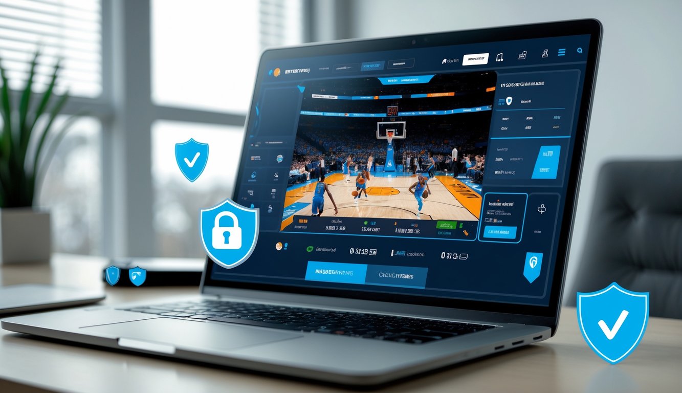 Seseorang menggunakan komputer untuk memasang taruhan NBA online dengan simbol keamanan di layar.