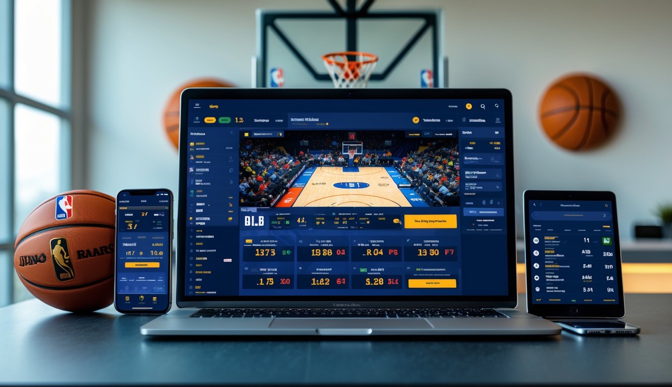 Seorang pria menggunakan laptop dan perangkat digital lainnya untuk memasang taruhan langsung pada pertandingan NBA secara online.