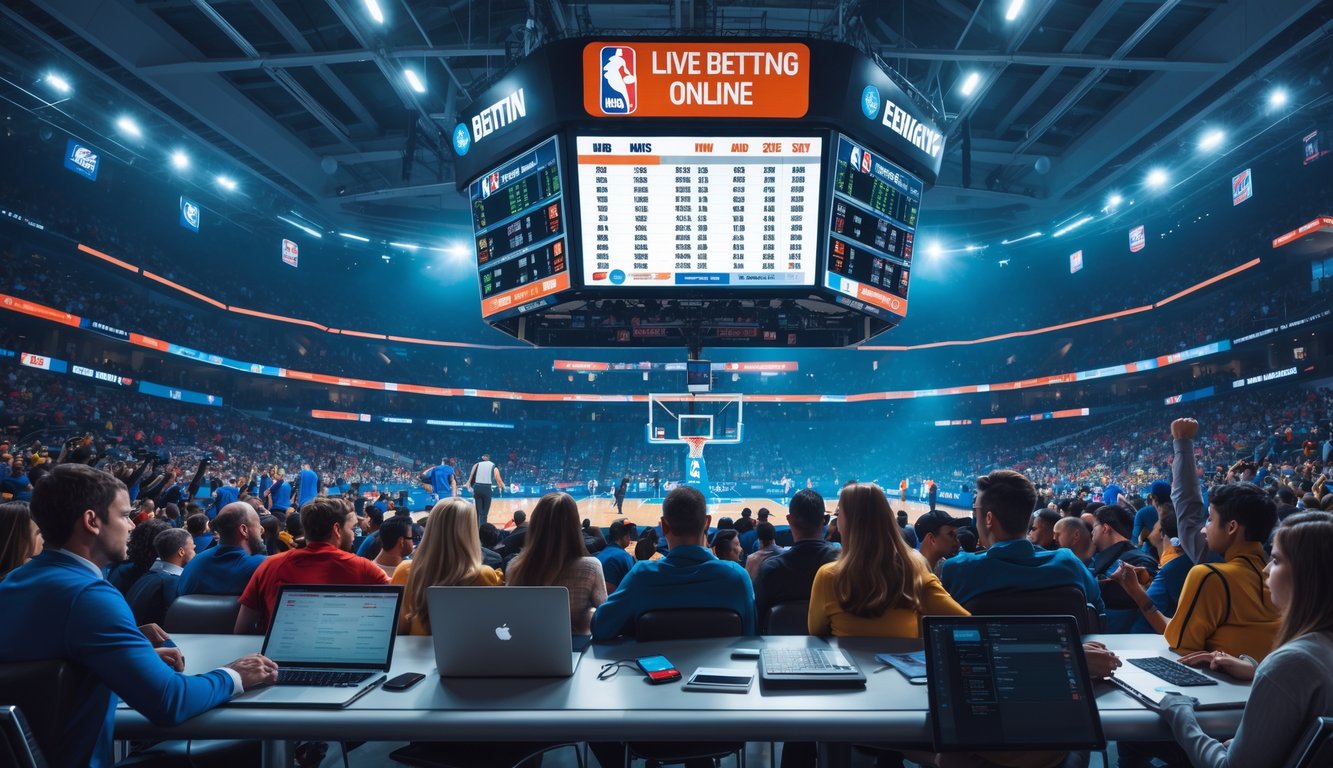 Orang-orang muda sedang menggunakan laptop dan ponsel untuk bertaruh secara langsung pada pertandingan NBA yang sedang berlangsung di stadion penuh penonton.
