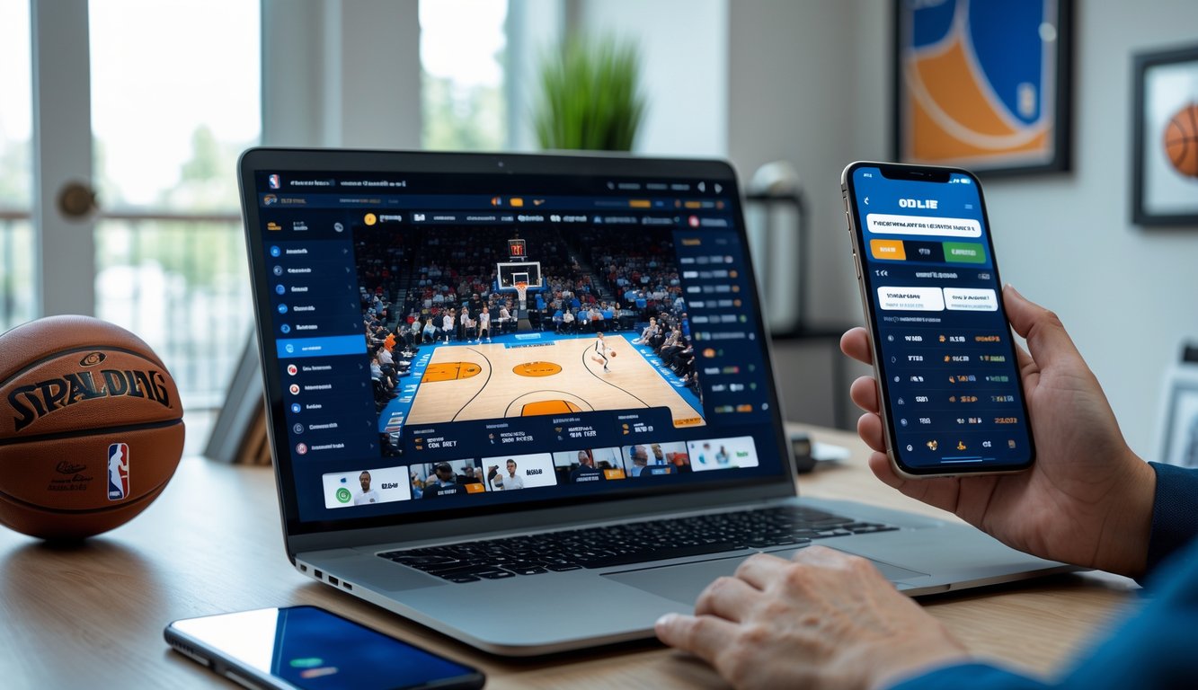 Seseorang menggunakan laptop dan ponsel di meja kerja dengan tayangan pertandingan NBA dan aplikasi taruhan terbuka.