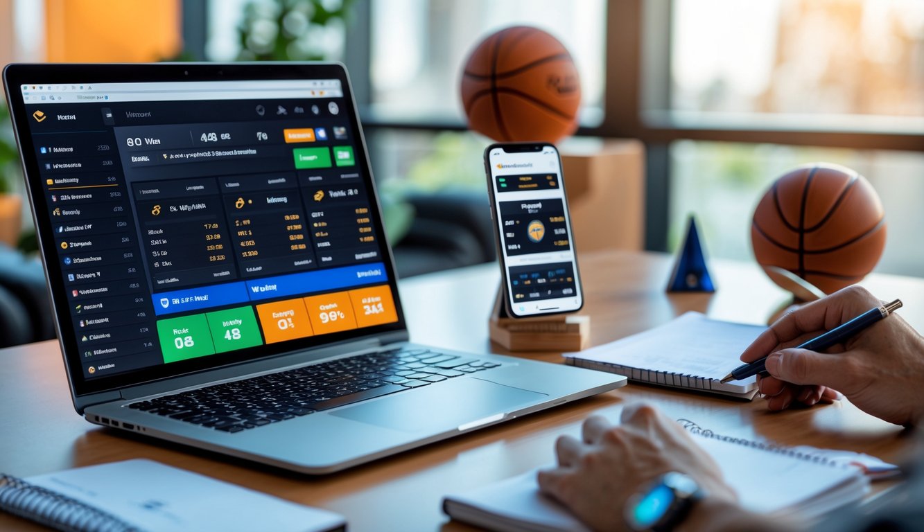 Seorang pria di meja kerja dengan laptop dan smartphone menampilkan data pertandingan NBA dan taruhan, sambil mencatat di buku catatan.