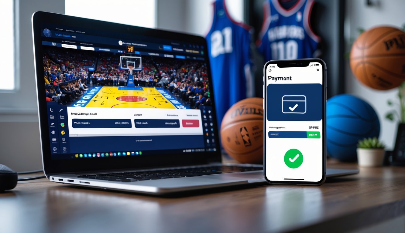Seorang pria menggunakan laptop dan ponsel untuk bertaruh NBA online dengan layar pembayaran yang menunjukkan konfirmasi berhasil.